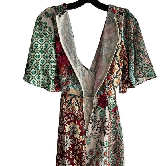 Zara Wrap Dress Patchwork Paisley Floral Aztec Tan Green Blue Zipper Back Small - Picture 9 of 11